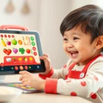 Child happily playing colorful cooking game on tablet, ingredients and cooking utensils displayed on screen, bright vibrant interface, joyful expression, cozy gaming setup