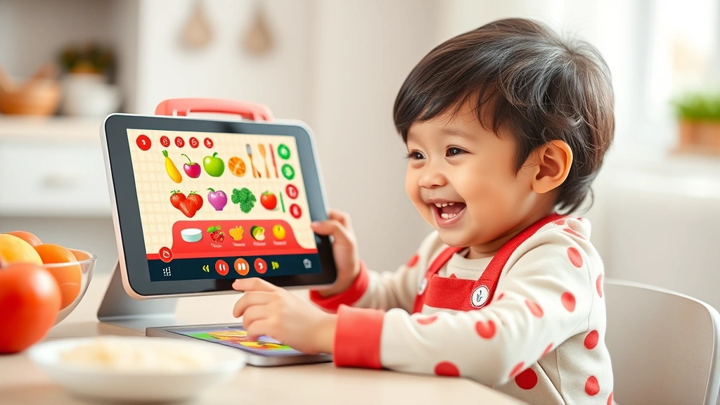 Child happily playing colorful cooking game on tablet, ingredients and cooking utensils displayed on screen, bright vibrant interface, joyful expression, cozy gaming setup