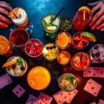 Overhead view of colorful mixed drinks in various glasses arranged in a circle on a dark table with playing cards scattered nearby, vibrant party lighting, photorealistic