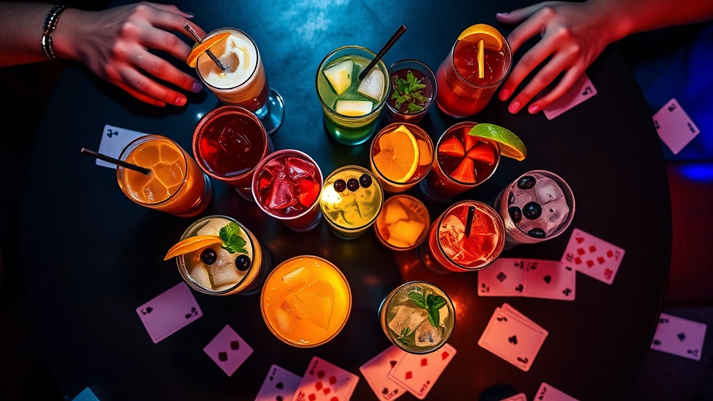 Overhead view of colorful mixed drinks in various glasses arranged in a circle on a dark table with playing cards scattered nearby, vibrant party lighting, photorealistic