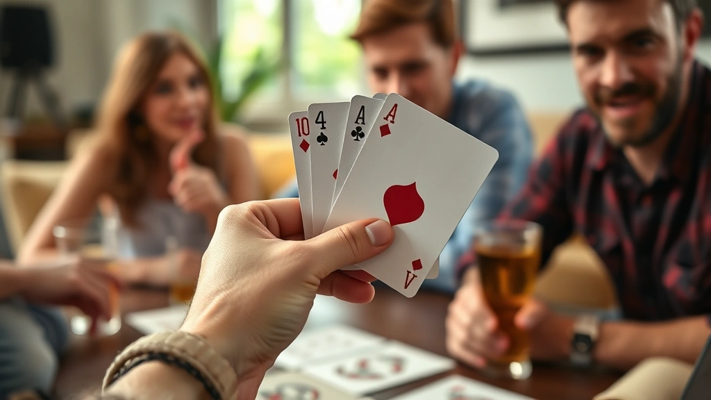 Close-up of a player's hand holding a playing card with a surprised expression, other players blurred in background, casual living room setting with drinks visible, warm natural lighting
