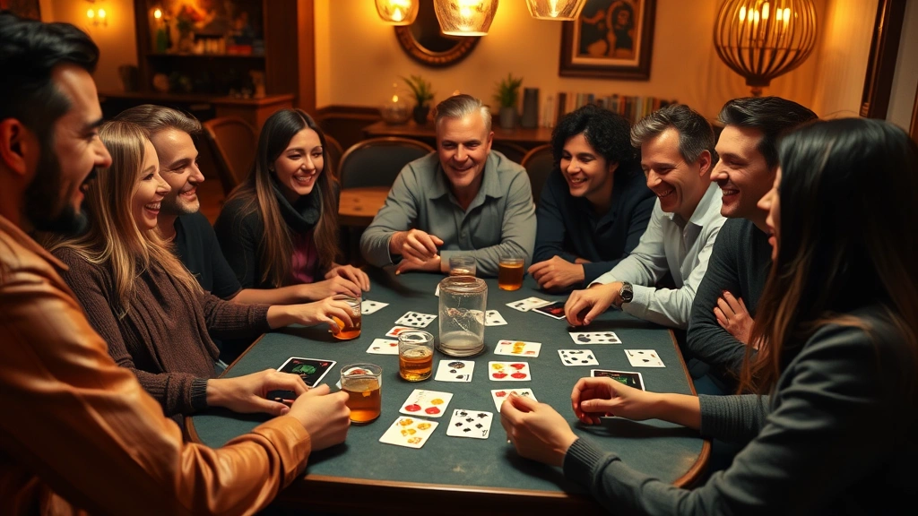 Wide shot of a group of friends laughing around a table with cards, drinks, and a central cup during gameplay, diverse group enjoying themselves, candid moment, warm ambient lighting