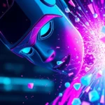 Close-up of a glowing neon character avatar colliding with vibrant cyan and magenta physics objects in a futuristic arena, dynamic energy particles exploding on impact, photorealistic lighting and shadows, no UI elements visible