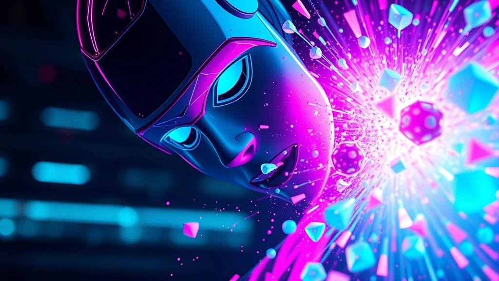 Close-up of a glowing neon character avatar colliding with vibrant cyan and magenta physics objects in a futuristic arena, dynamic energy particles exploding on impact, photorealistic lighting and shadows, no UI elements visible