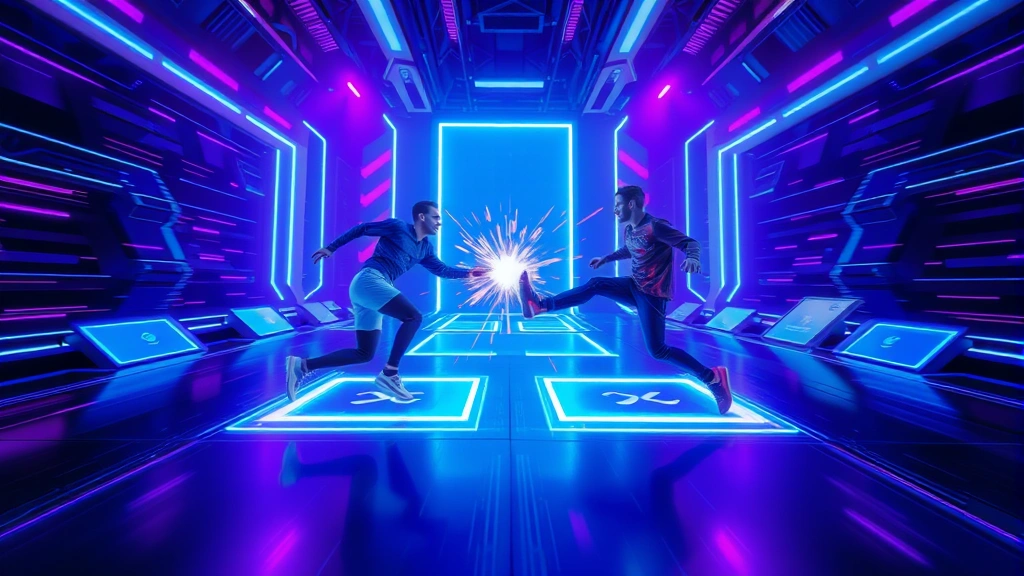 Wide shot of two competitive players' avatars mid-collision in a sleek holographic arena with geometric obstacles, electric blue and purple color scheme, motion blur suggesting high-speed gameplay, no text or interface elements