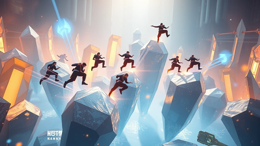 Dynamic action scene showing multiple character models bouncing off crystalline structures in an abstract multiplayer arena, warm golden lighting contrasting cool blue environmental effects, particles and energy trails flowing naturally, no HUD or menus visible