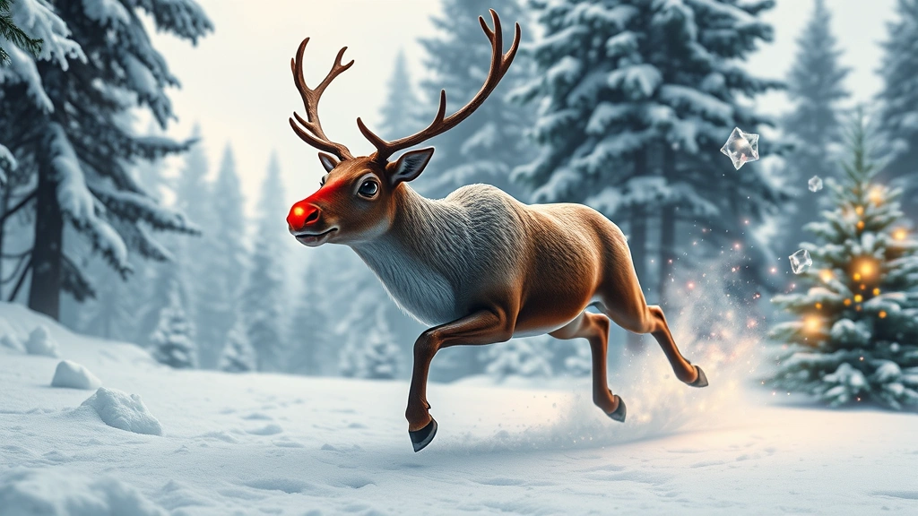 Reindeer with glowing red nose racing through snowy pine forest landscape with magical crystal collectibles sparkling in the air, festive holiday atmosphere, photorealistic
