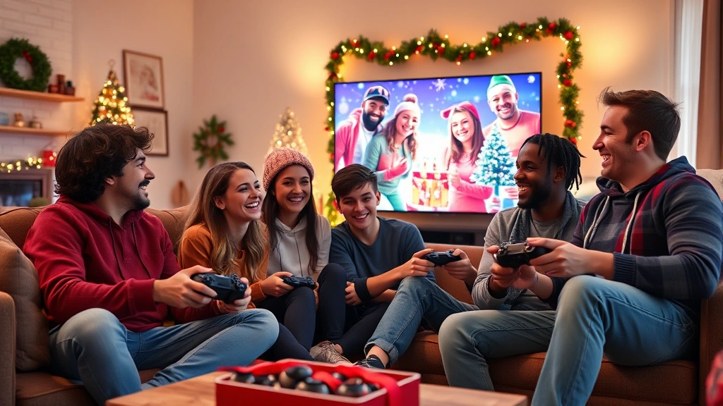 Group of diverse gamers sitting on couch laughing while playing Christmas game on large screen with holiday decorations visible in background, warm cozy living room ambiance