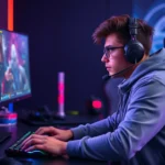 Professional esports player sitting at gaming desk with multiple monitors, mechanical keyboard, gaming mouse, focused expression during competitive match, RGB lighting, photorealistic