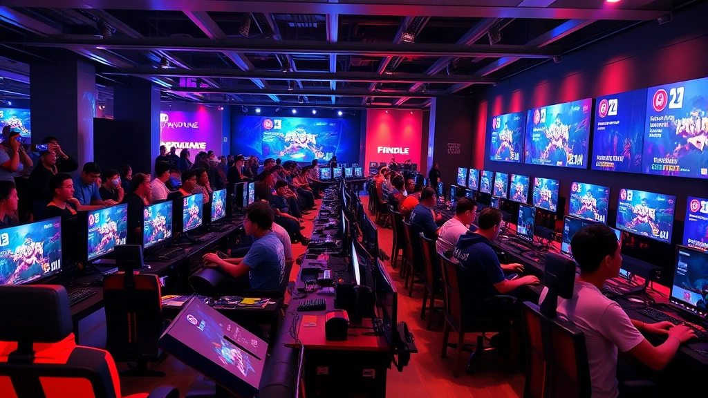 Diverse group of gamers in modern gaming cafe or tournament venue, multiple people at gaming stations, competitive atmosphere, spectators watching matches on large displays, dynamic lighting