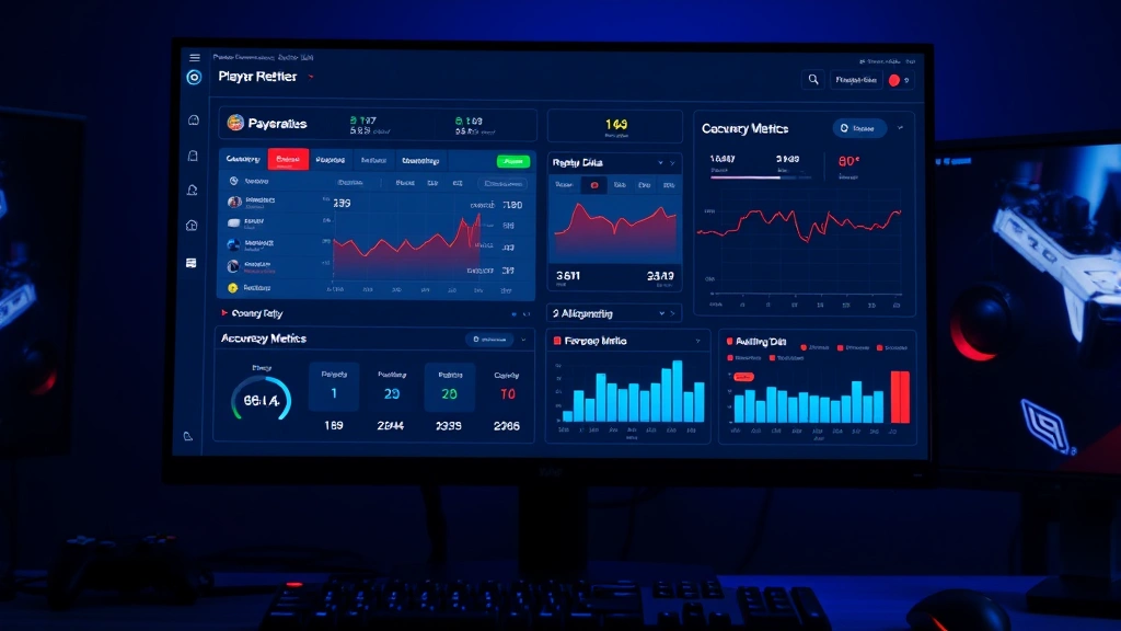 Gaming performance analytics dashboard displayed on monitor showing player statistics, replay data, accuracy metrics, performance graphs, competitive ranking progression, professional streaming setup
