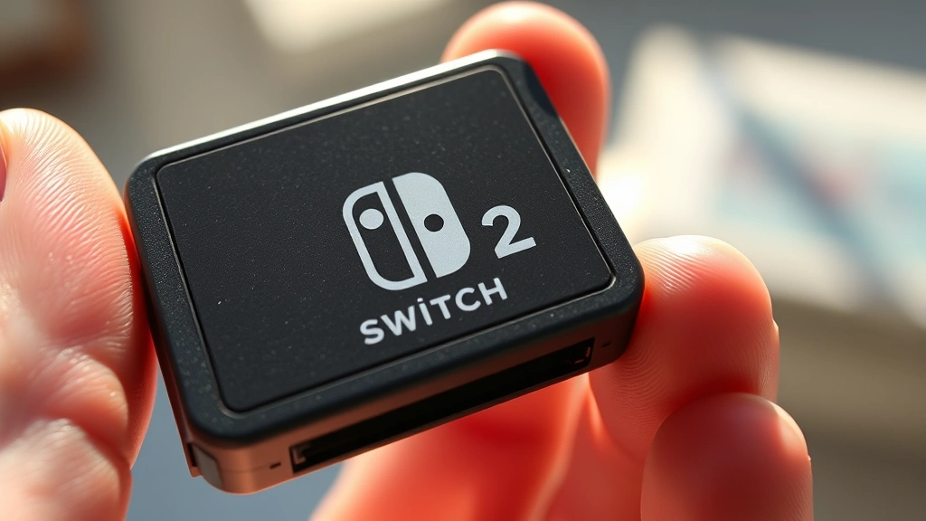 Close-up of a Nintendo Switch 2 game cartridge with metallic contacts, held in sunlight showing the polished surface, photorealistic detail of the card's physical design and dimensions