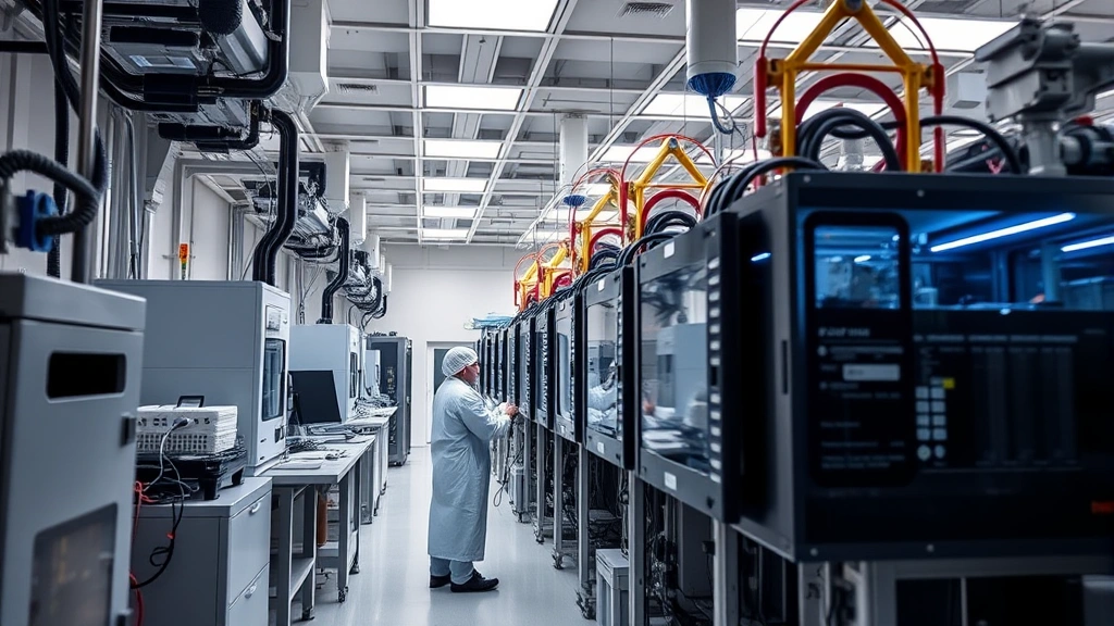 Semiconductor fabrication facility with advanced manufacturing equipment, clean-room conditions with bright LED lighting, technicians in protective gear working with precision machinery