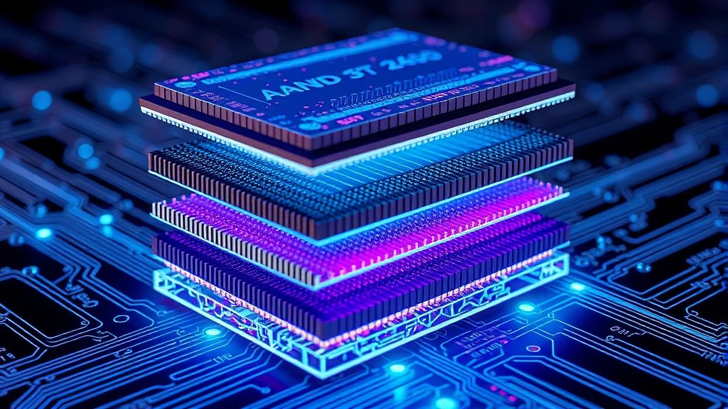 Cutaway technical illustration showing layers of 3D NAND memory cells stacked vertically, glowing circuit pathways and data transfer visualization with blue and purple lighting effects