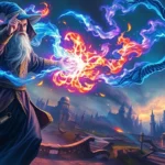 A powerful wizard casting cascading spells with vibrant elemental colors—blues, purples, and golds—across a fantasy battlefield with magical energy swirling through the air, photorealistic lighting and atmospheric effects