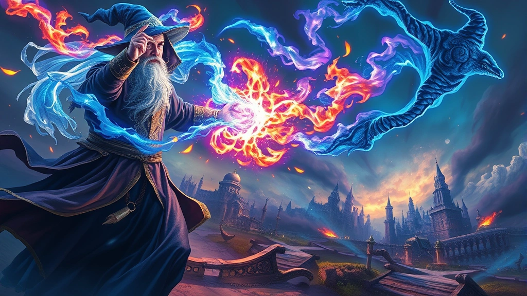 A powerful wizard casting cascading spells with vibrant elemental colors—blues, purples, and golds—across a fantasy battlefield with magical energy swirling through the air, photorealistic lighting and atmospheric effects