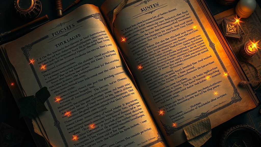 An overhead view of a fantastical grimoire with glowing magical symbols, ancient runes, and arcane knowledge scattered across weathered pages, with ethereal light emanating from the spell text