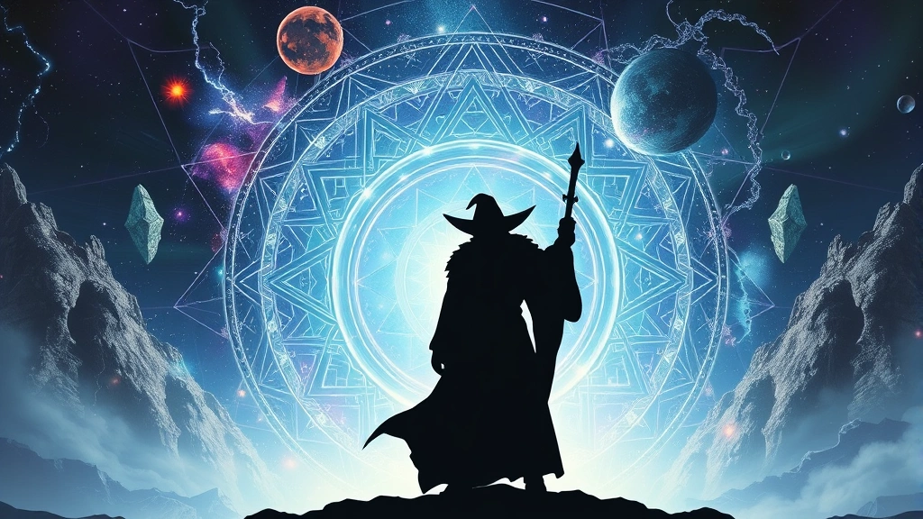 A mysterious mage character silhouetted against a massive cosmic portal showing impossible geometry and otherworldly magical energy, with reality bending and warping around the magical gateway