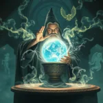 Wizard casting glowing spells with magical energy swirling around enchanted crystal ball on mystical altar surrounded by floating runes and ethereal light particles
