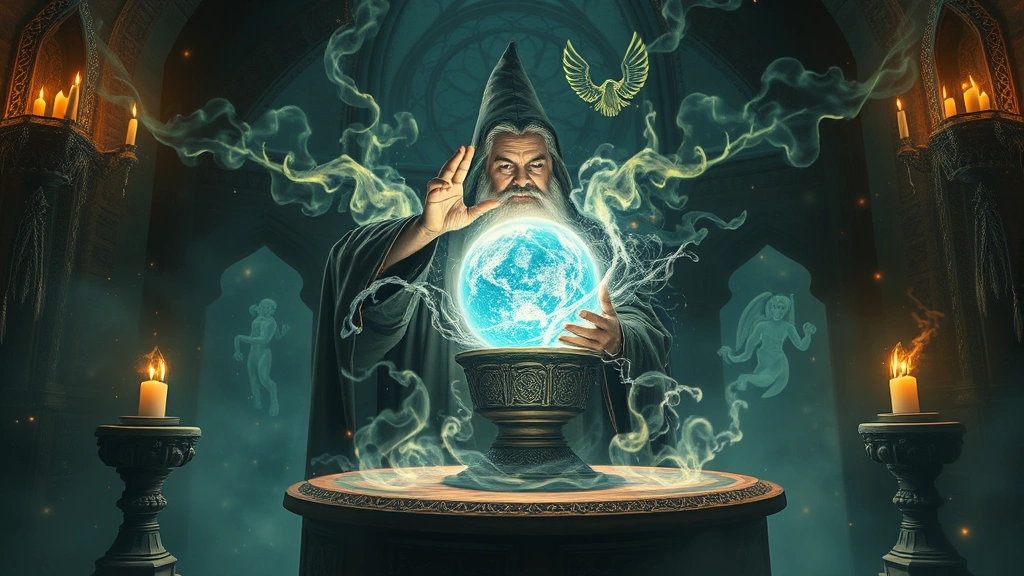 Wizard casting glowing spells with magical energy swirling around enchanted crystal ball on mystical altar surrounded by floating runes and ethereal light particles