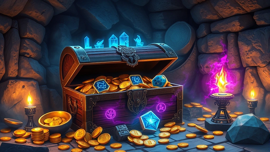 Treasure chest overflowing with golden coins and magical artifacts glowing with ethereal blue and purple energy in an ancient stone chamber with mystical symbols