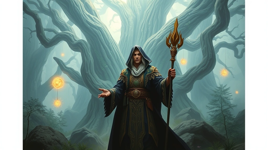 Fantasy character with ornate magical robes and staff standing before vast enchanted forest with towering ancient trees and floating magical orbs of light