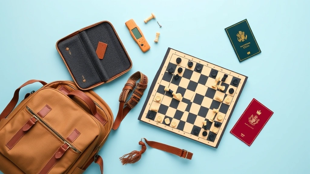 Flat lay photography of a folded magnetic chess set opened to display the compact case, portable board, and securely attached pieces arranged neatly, with a traveler's backpack and passport nearby suggesting portability and adventure