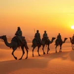 Venetian merchant caravan crossing a vast desert landscape with camels and merchants in medieval clothing, golden sunset lighting, photorealistic, no text or UI elements