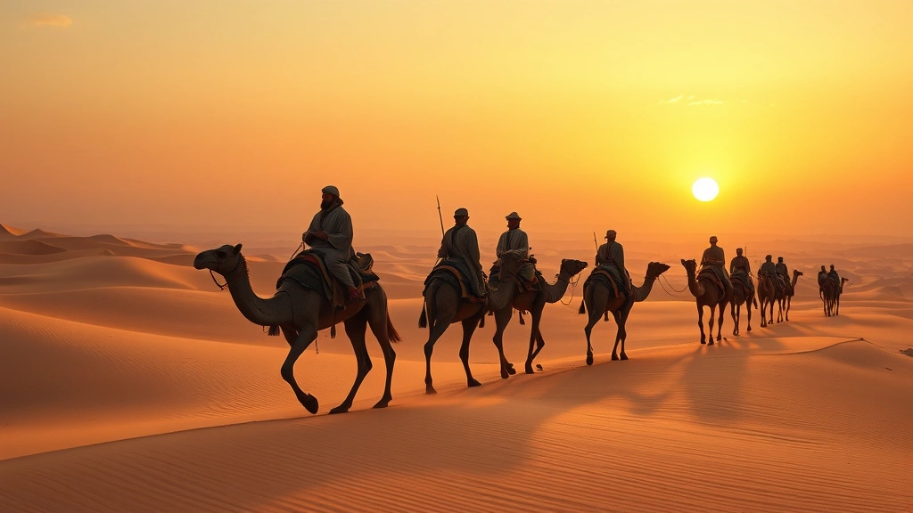 Venetian merchant caravan crossing a vast desert landscape with camels and merchants in medieval clothing, golden sunset lighting, photorealistic, no text or UI elements