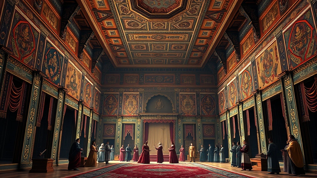 Mongol Khan's palace interior with intricate architectural details, silk tapestries, and courtiers in period dress, grand ceremonial atmosphere, photorealistic without menu elements or text overlays