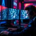 Professional esports competitor intensely focused at gaming desk with multiple monitors displaying strategic gameplay, dramatic lighting highlighting concentration and mental engagement