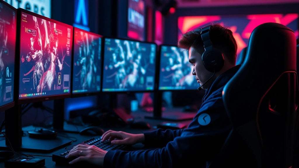 Professional esports competitor intensely focused at gaming desk with multiple monitors displaying strategic gameplay, dramatic lighting highlighting concentration and mental engagement