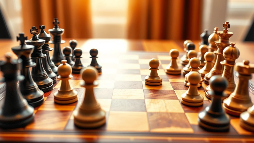 Chess board mid-game with pieces in complex formation, shallow depth of field emphasizing strategic positioning and thoughtful gameplay atmosphere