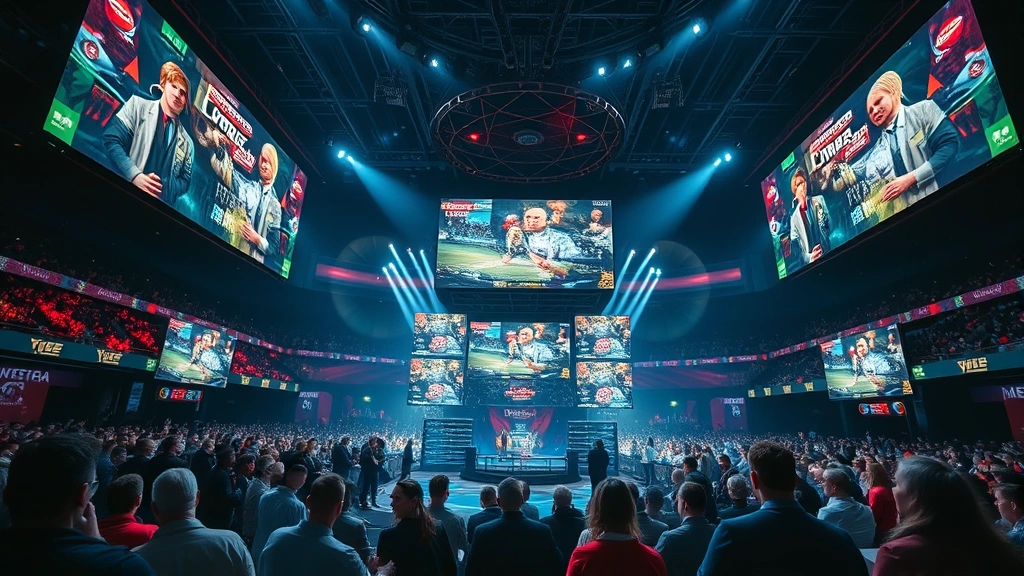 Gaming tournament arena with massive screens displaying competitive match, audience watching intently, electric atmosphere capturing high-stakes competition intensity