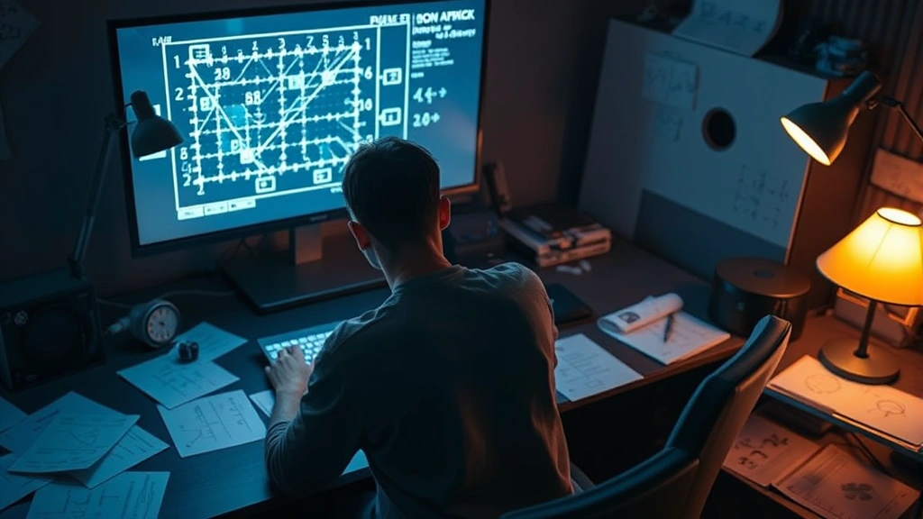 A player sitting at a desk intensely focused on solving a glowing mathematical puzzle displayed on a large monitor, surrounded by scattered papers with equations and diagrams, warm desk lamp lighting, realistic photography