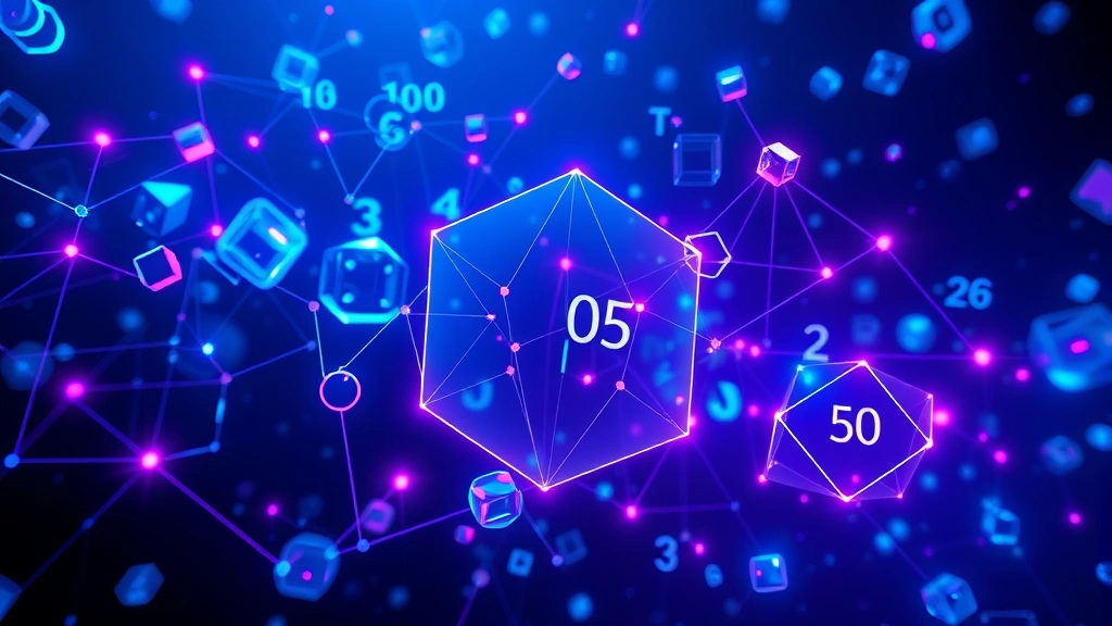 An abstract visualization of interconnected geometric shapes and numbers floating in digital space, vibrant blue and purple neon colors, mathematical symbols arranged in elegant patterns, photorealistic 3D rendering