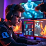 Professional esports player intensely focused at gaming computer setup with multiple monitors displaying game statistics and performance metrics, dramatic lighting, competitive gaming environment