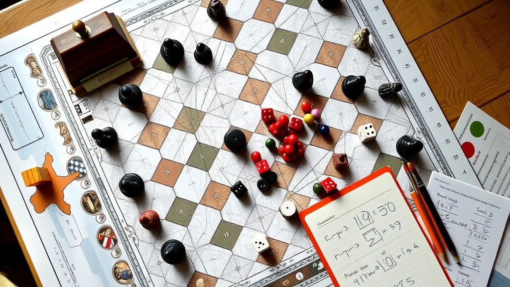 Overhead view of complex strategy board game with pieces, dice, and mathematical calculations written on adjacent notepad, natural lighting, strategic planning atmosphere
