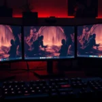 Moody atmospheric gaming setup with multiple monitors displaying intimate dialogue scenes, warm ambient lighting, mechanical keyboard in foreground, mature sophisticated gaming environment