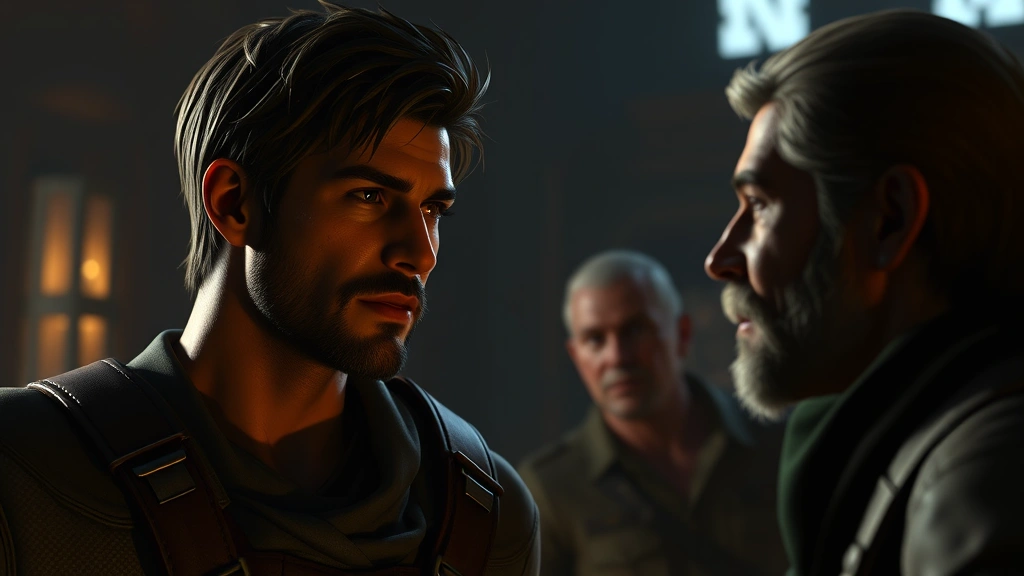 Professional video game character models in dramatic conversation scene, cinematic lighting, emotional character expressions showing vulnerability and connection, realistic human features