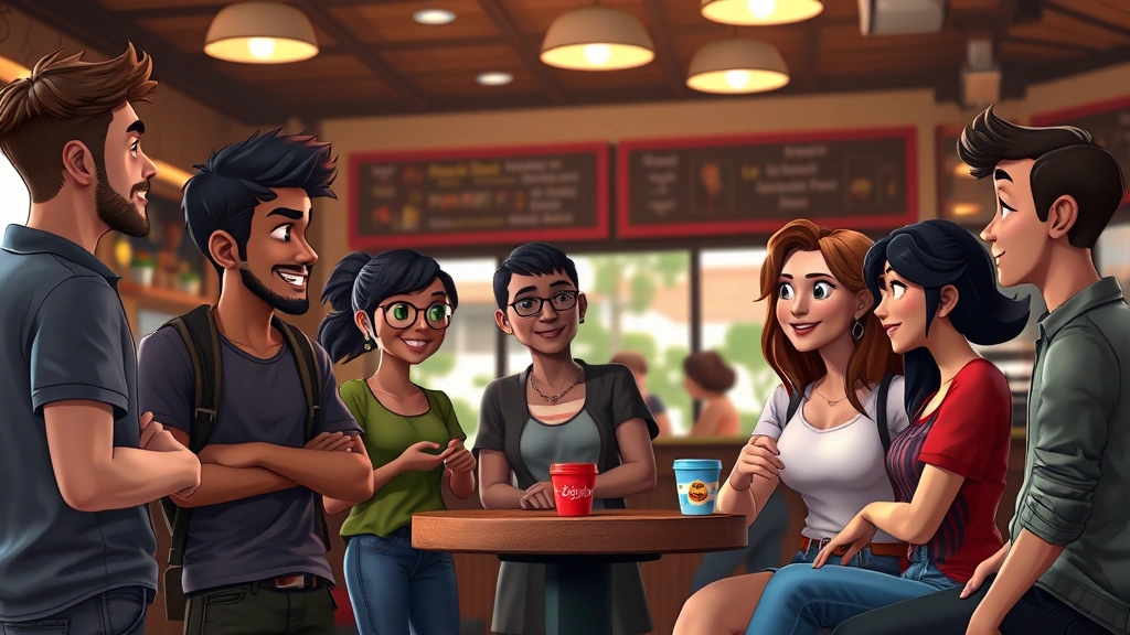 Photorealistic image of a diverse group of animated characters in casual clothing having a conversation in a vibrant coffee shop interior, warm mood lighting, no dialogue boxes or game menus