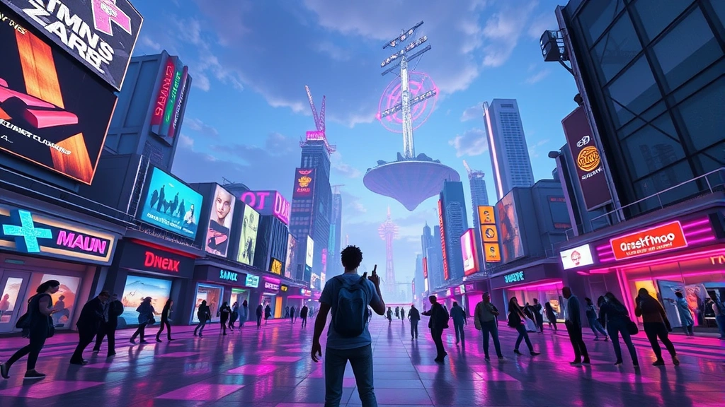 First-person view of a player standing in a vibrant virtual plaza with other avatars socializing, neon buildings with digital billboards, floating islands in the sky, photorealistic lighting and reflections