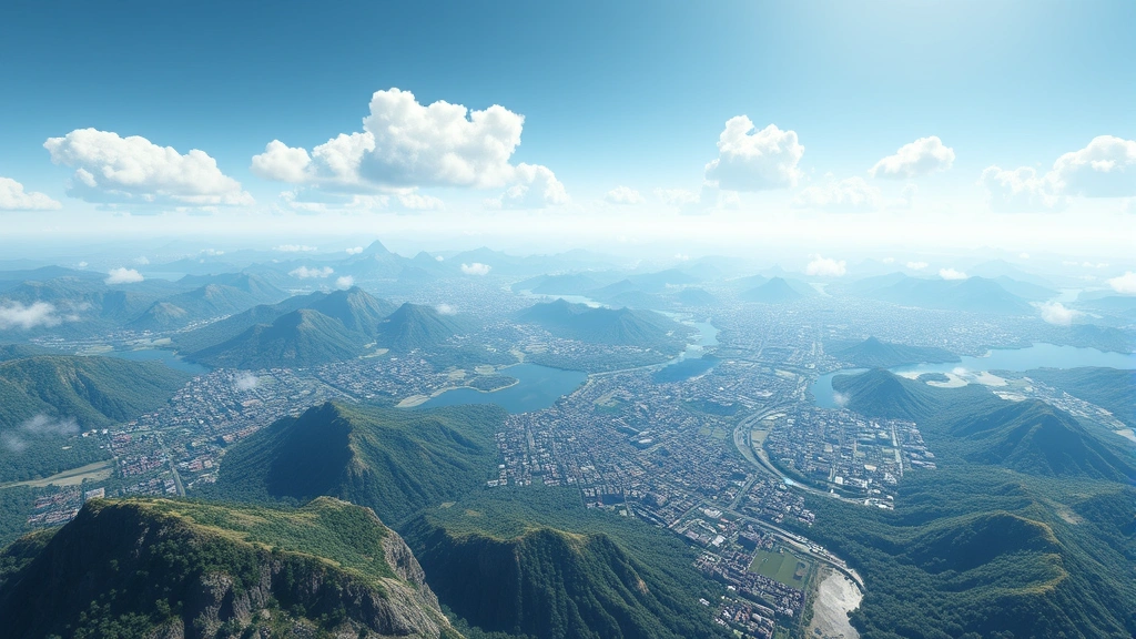 Aerial view of a massive metaverse world showing diverse landscapes including virtual cities, mountains, forests, and water features with thousands of tiny player avatars scattered throughout, daylight with dynamic clouds