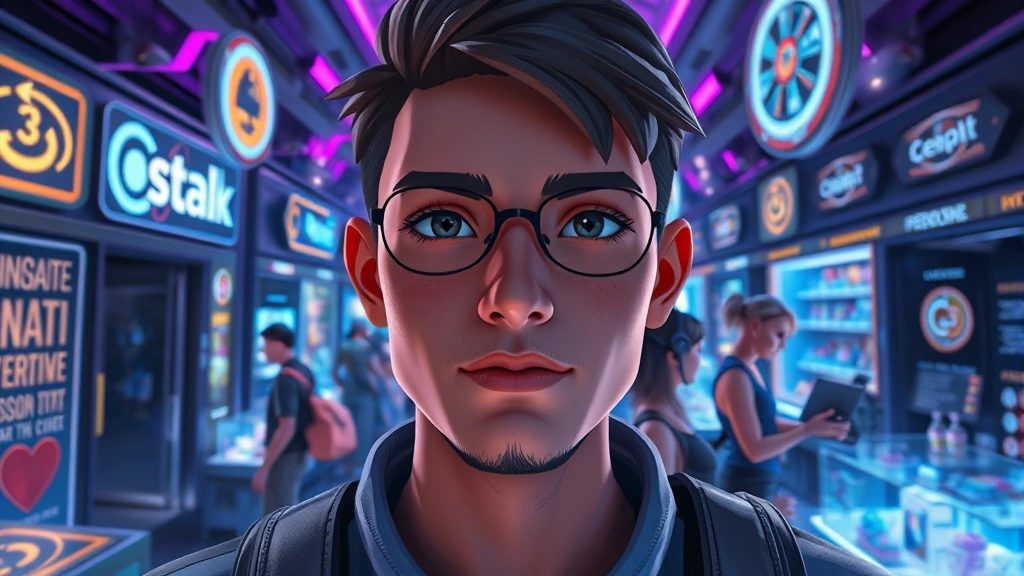 Close-up of a player's customizable avatar in a futuristic virtual marketplace surrounded by holographic storefronts, glowing digital displays, and other diverse avatars trading items, cinematic lighting with purple and blue neon accents
