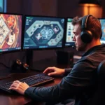Professional gamer sitting at gaming desk with multiple monitors displaying abstract puzzle patterns and strategic board layouts, intense focused expression, gaming headset on, competitive atmosphere