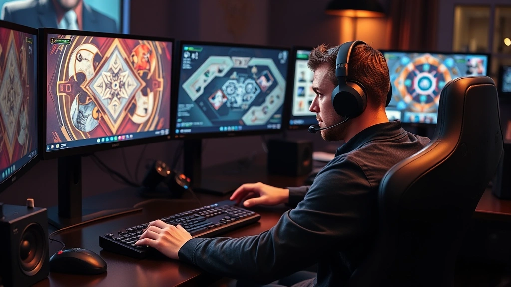 Professional gamer sitting at gaming desk with multiple monitors displaying abstract puzzle patterns and strategic board layouts, intense focused expression, gaming headset on, competitive atmosphere