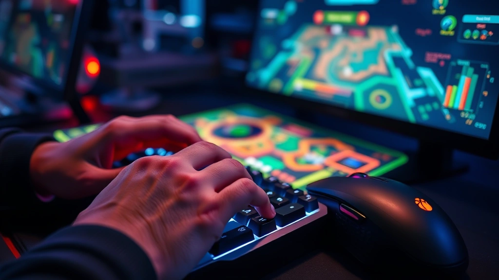 Close-up of hands on gaming keyboard and mouse during intense gameplay moment, colorful holographic board state visible on screen, dynamic lighting effects, action-packed competitive scene