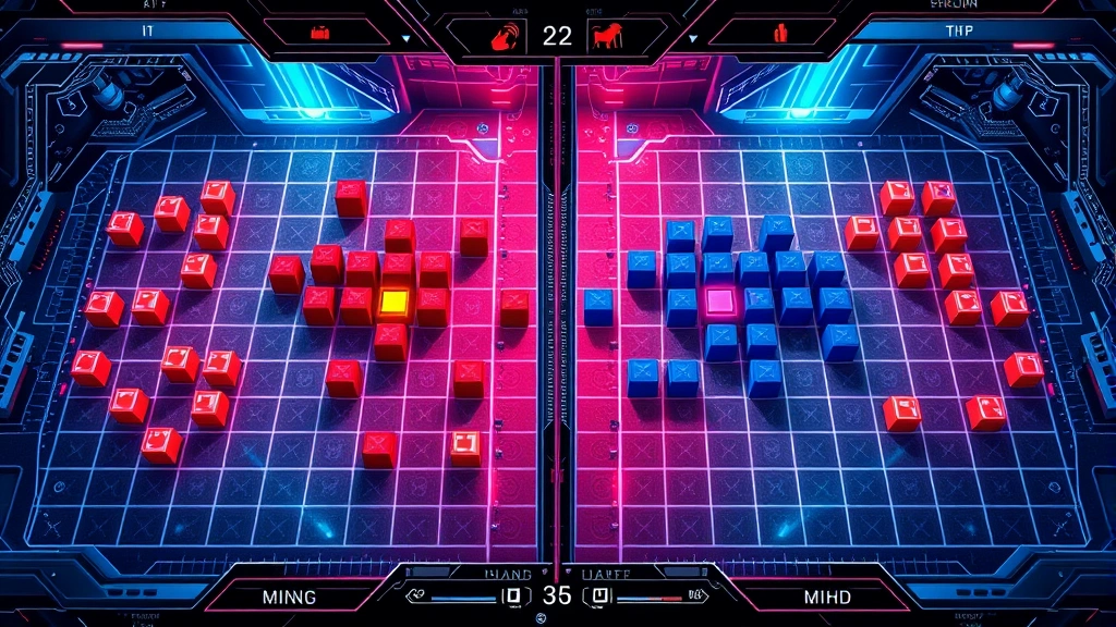 Split-screen comparison showing two players' strategic board positions with contrasting colored blocks and formations, mind versus mind psychological warfare visualization, futuristic game interface aesthetic