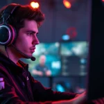 Professional esports player in gaming chair wearing headset, intense focus on monitor, RGB lighting setup, photorealistic, no UI elements or text visible, dramatic gaming environment