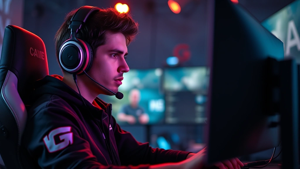 Professional esports player in gaming chair wearing headset, intense focus on monitor, RGB lighting setup, photorealistic, no UI elements or text visible, dramatic gaming environment